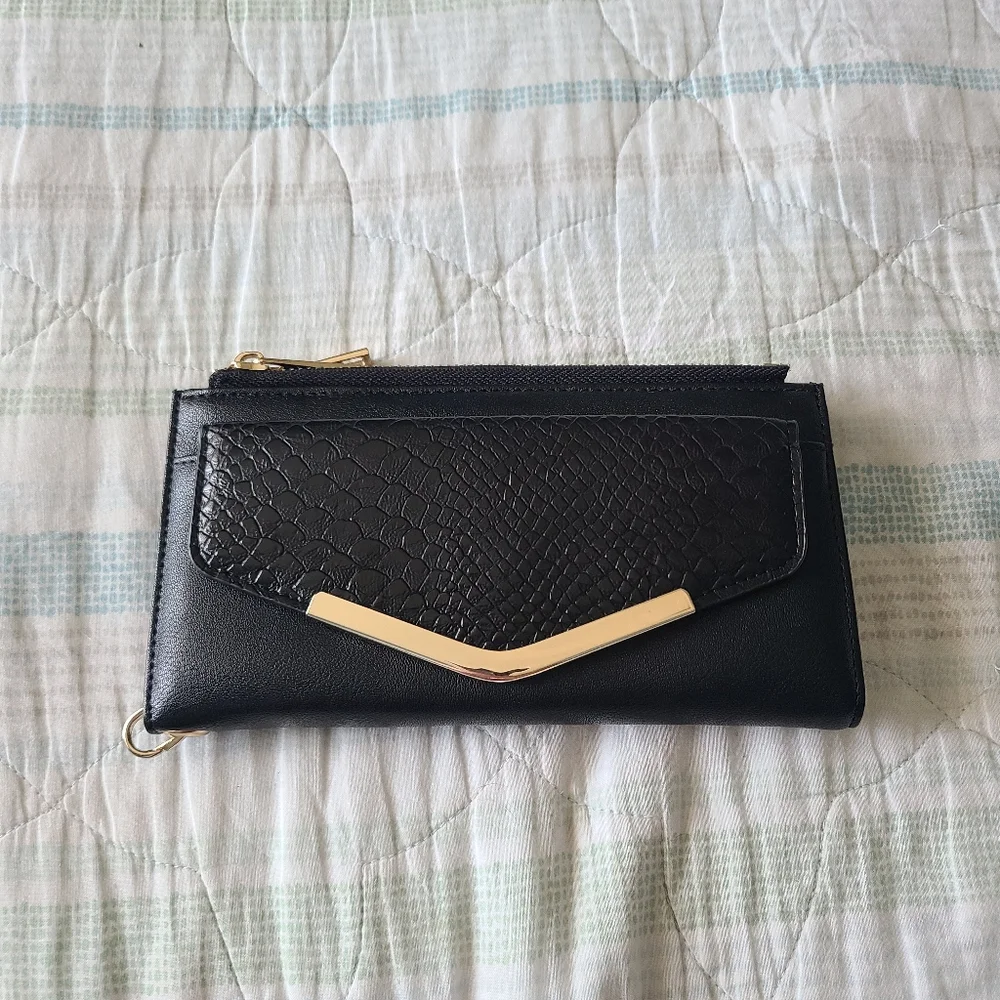 Art deco gold trimmed envelope black clutch organizer wallet